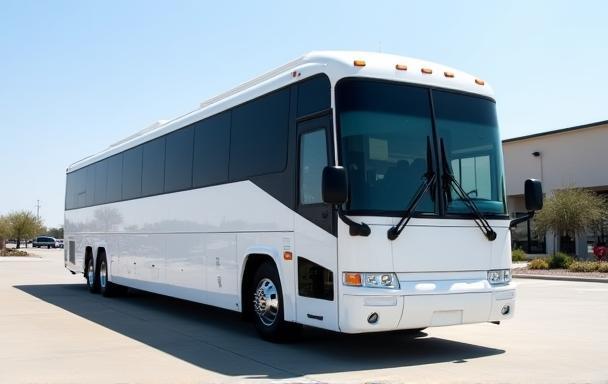 Large charter bus parked outside