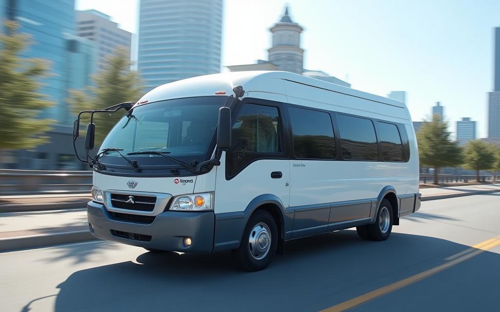 Modern DPV Transportation shuttle van in motion against a city background